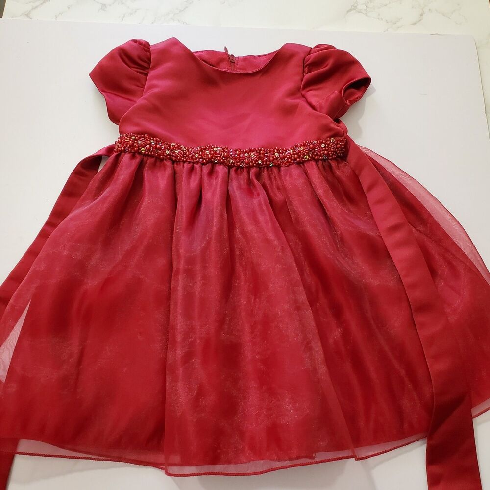 Red Party Dress 18 mos Cinderella Beaded Short Sleeves Satin w Petticoat Princes